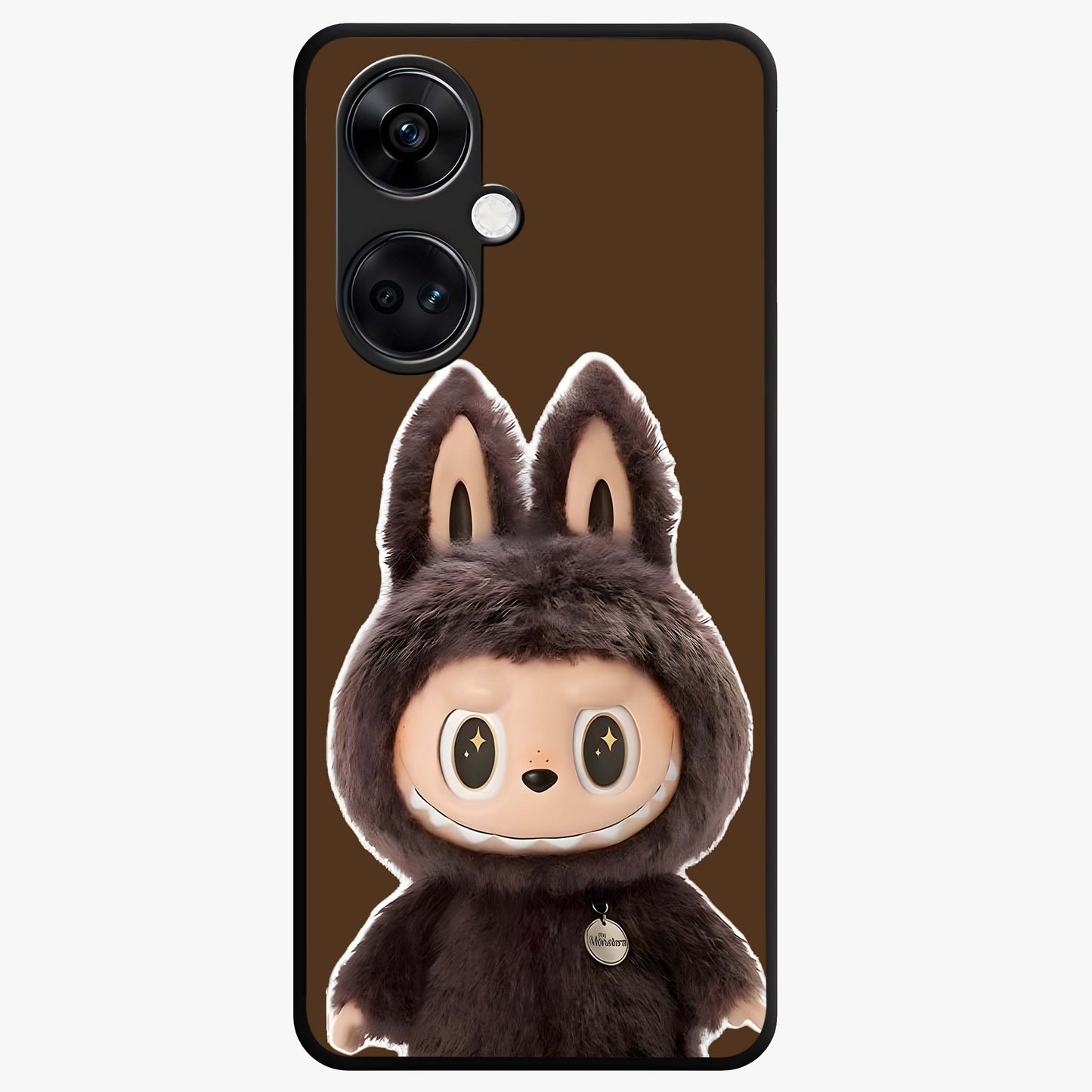 Brown Labubu Design Glass Case for 1+Nord Ce 3 cute front view featuring playful Labubu character artwork in warm brown tones
