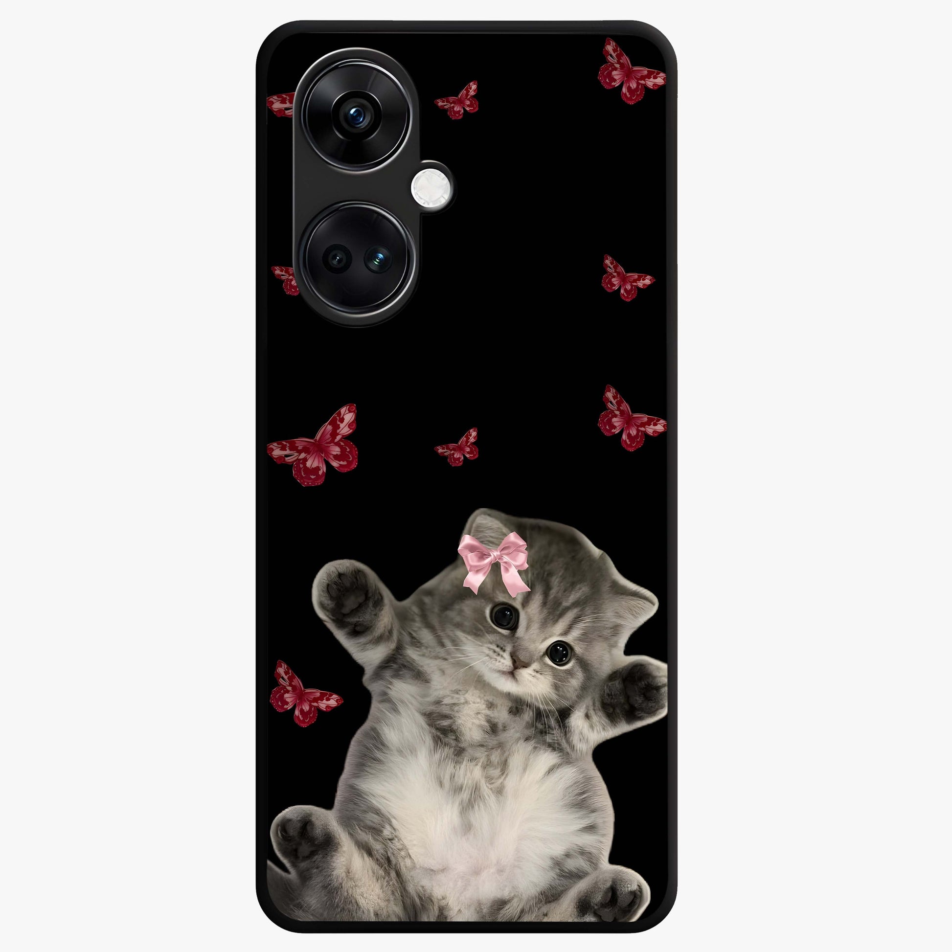 Butterfly Cat Bliss Glass Case for 1+Nord Ce 3 charming front view featuring cat and butterfly aesthetic artwork