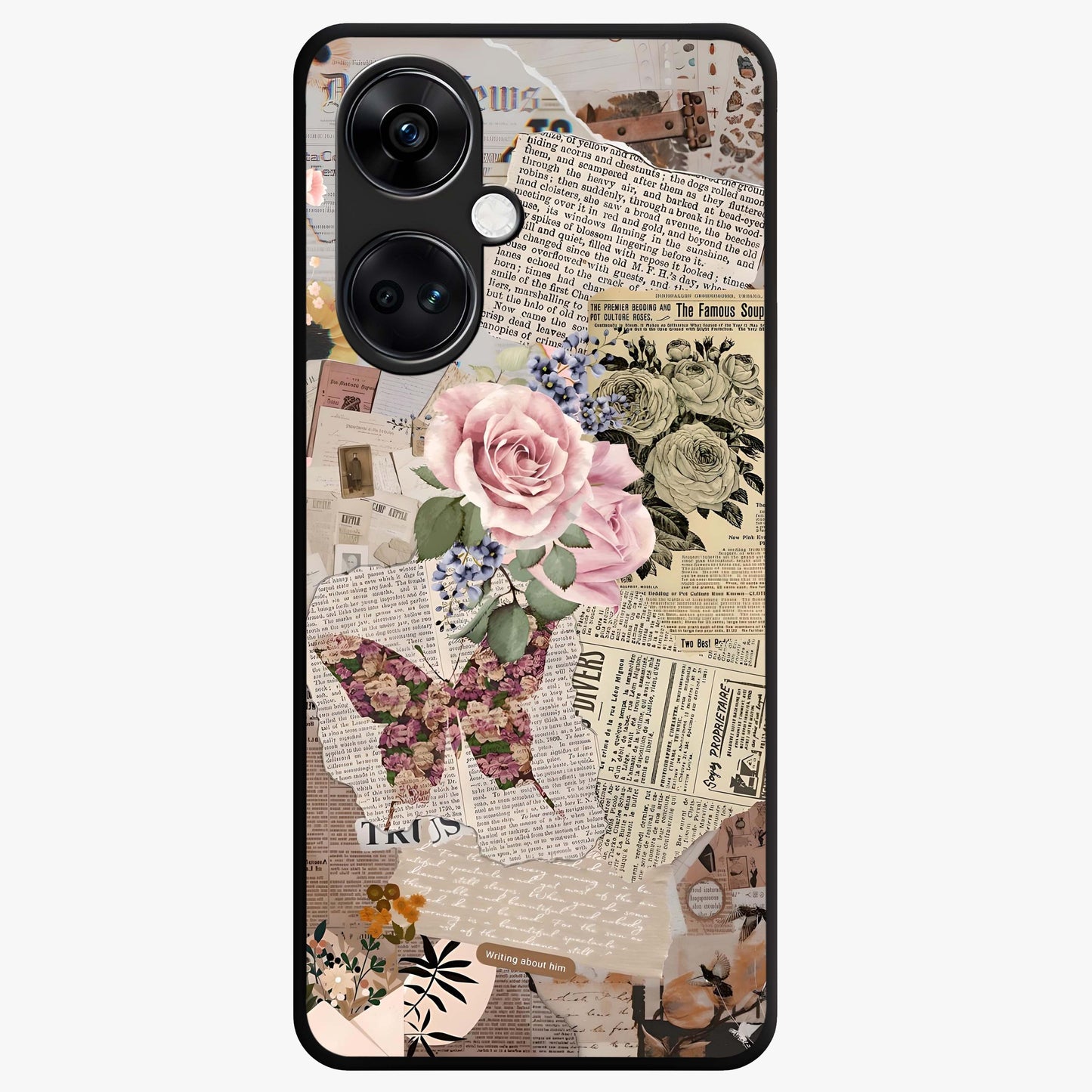Butterfly News Bloom Glass Case for 1+Nord Ce 3 artistic front view featuring blooming floral and butterfly themed artwork