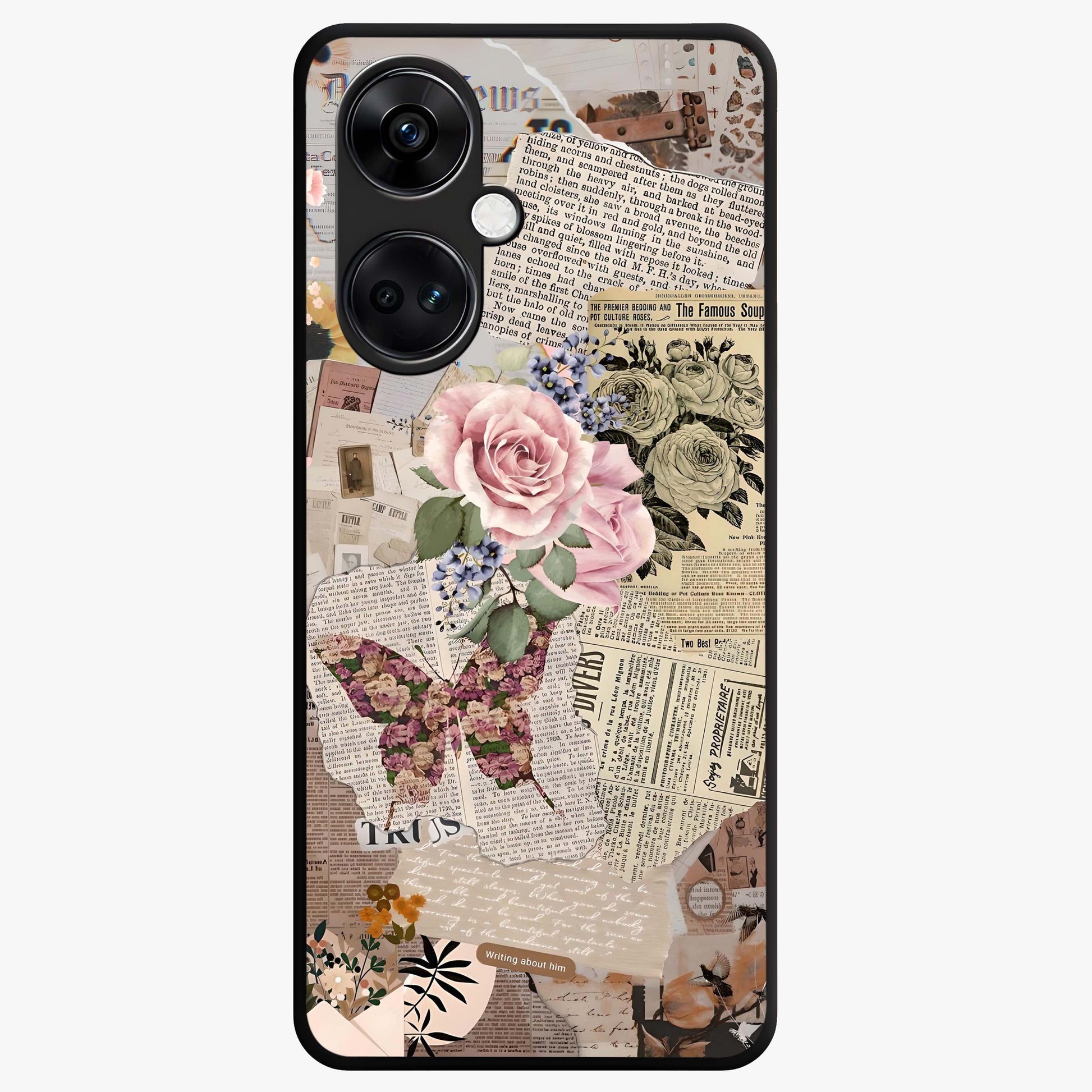 Butterfly News Bloom Glass Case for 1+Nord Ce 3 artistic front view featuring blooming floral and butterfly themed artwork