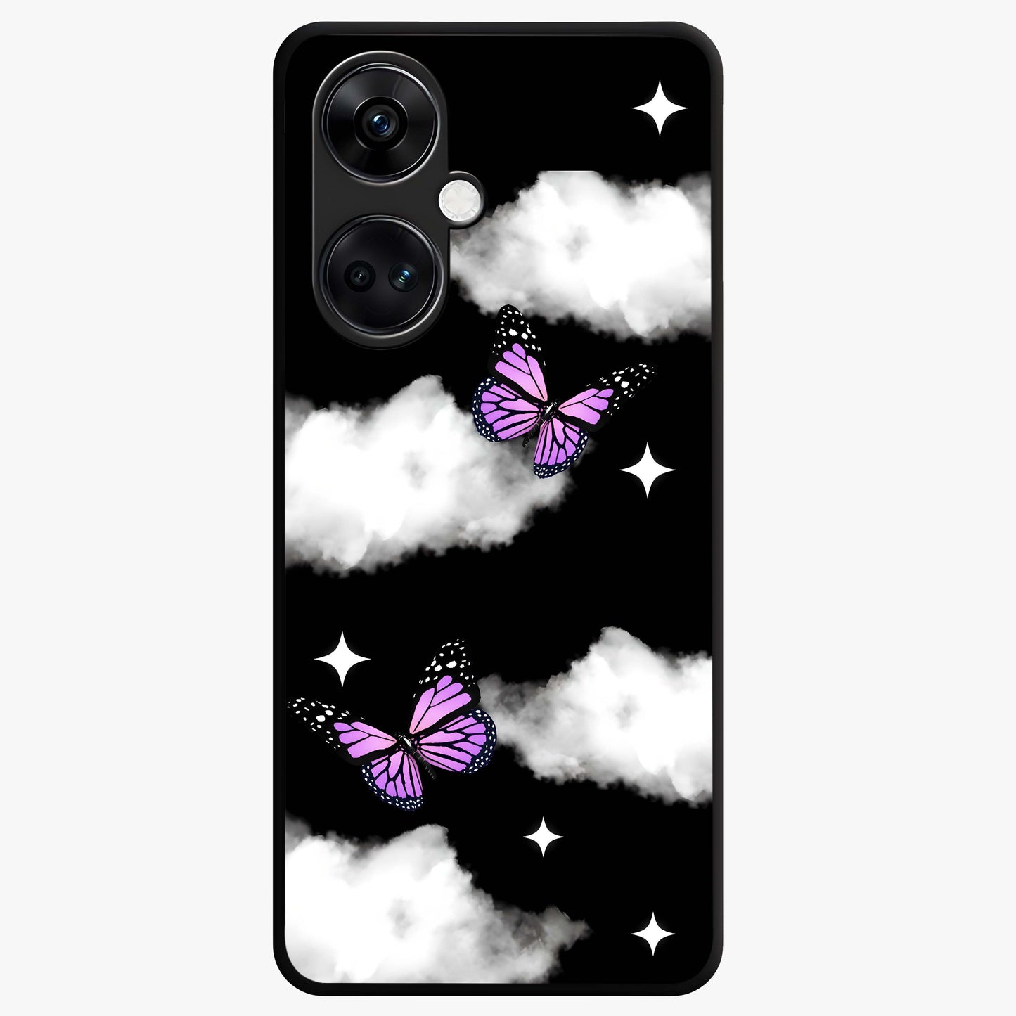Butterfly Night Drift Glass Case for 1+Nord Ce 3 dreamy front view featuring butterfly artwork with dark night inspired tones