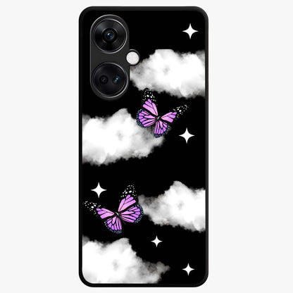Butterfly Night Drift Glass Case for 1+Nord Ce 3 dreamy front view featuring butterfly artwork with dark night inspired tones
