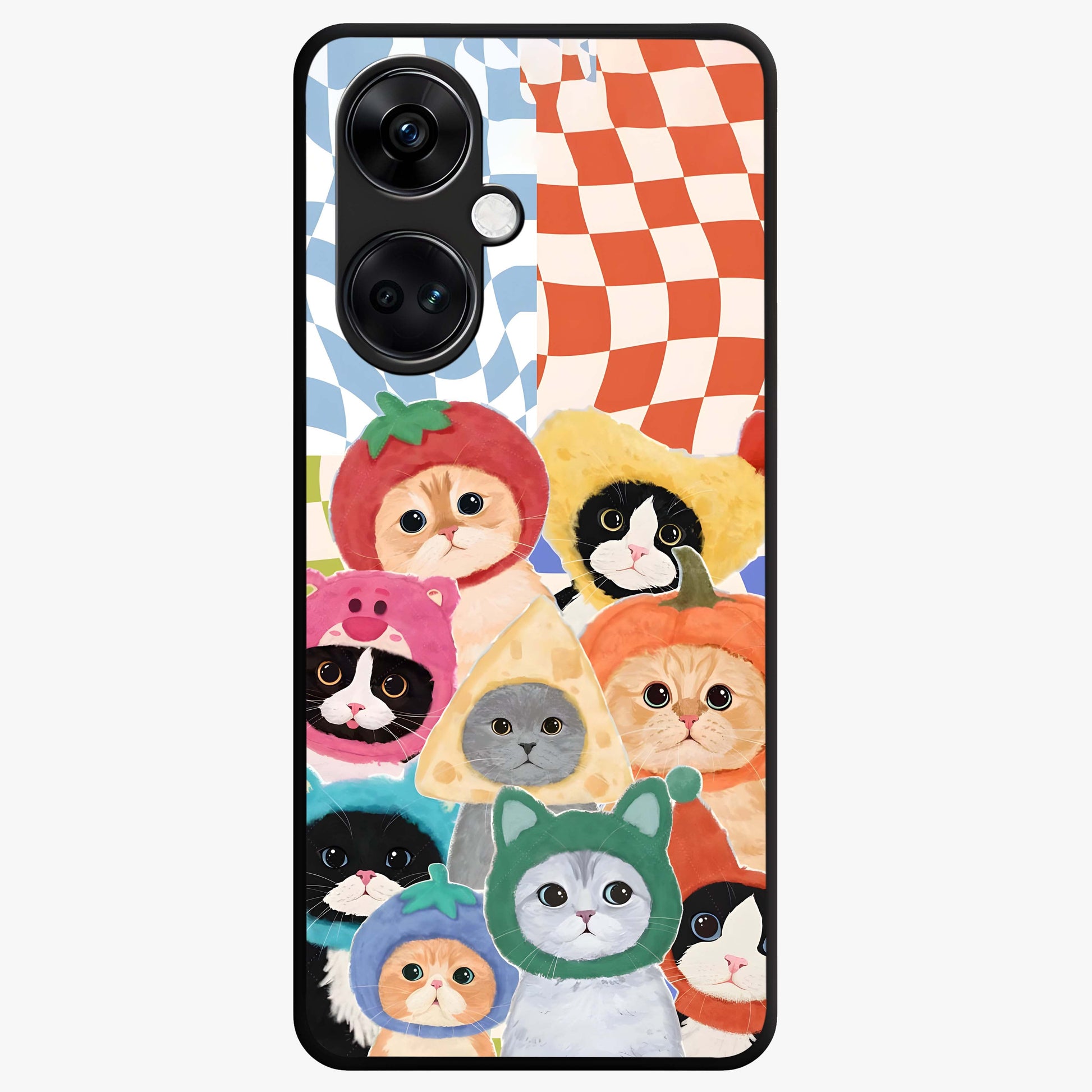 Cats in Fruits Glass Case for 1+Nord Ce 3 playful front view featuring cute cat illustrations with vibrant fruit artwork