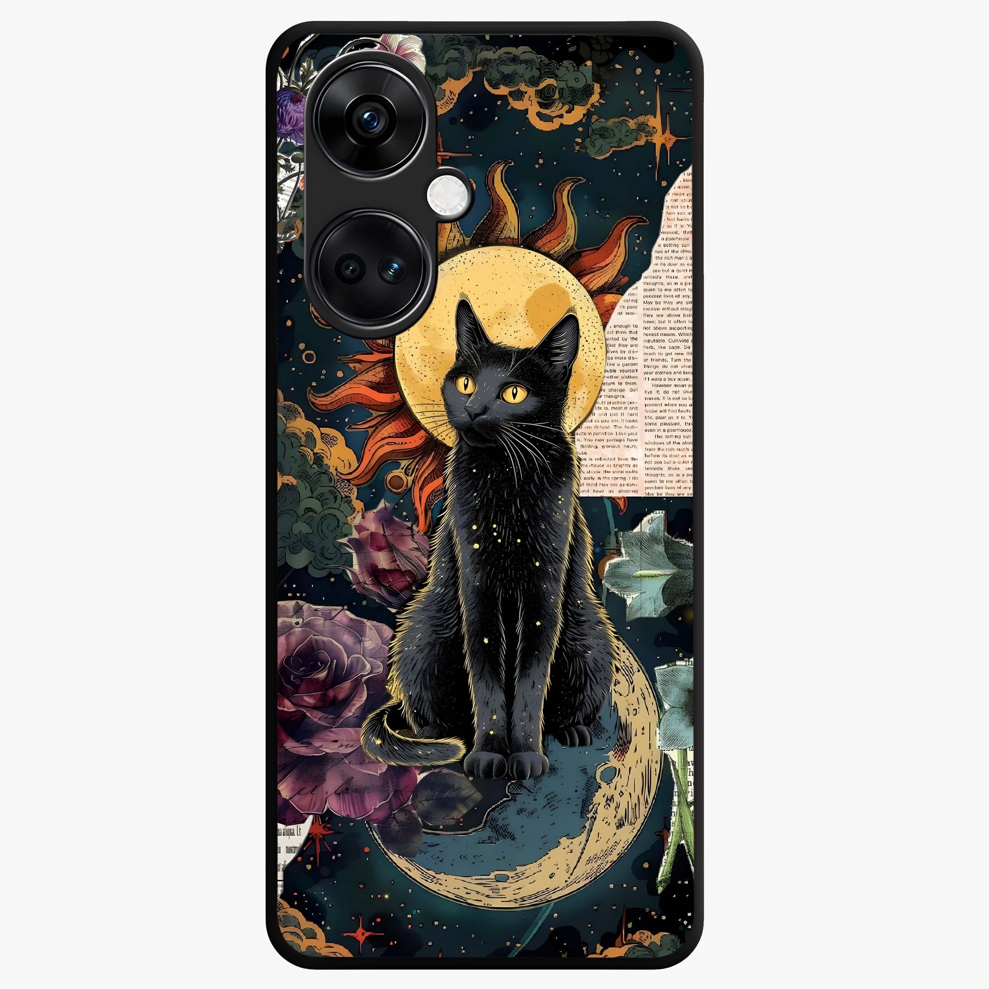 Celestial Black Cat Glass Case for 1+Nord CE 3 mystical front view featuring black cat artwork with cosmic background