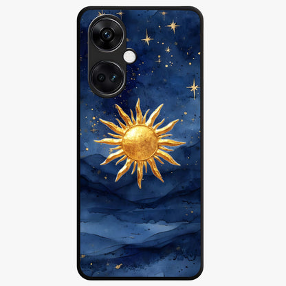Celestial Blue Glow Glass Case for 1+Nord CE 3 radiant front view featuring glowing blue cosmic artwork