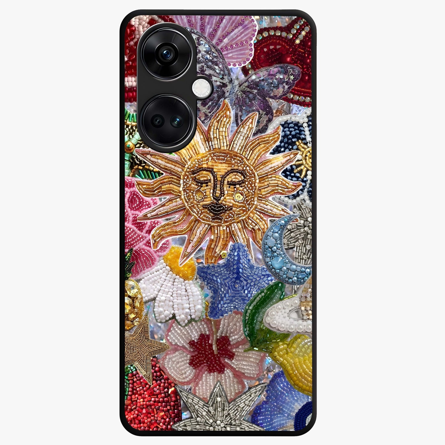 Celestial Floral and Playful Glass Case for 1+Nord CE 3 vibrant front view featuring floral artwork blended with cosmic elements