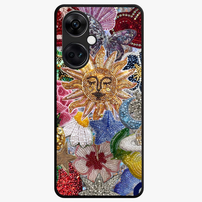 Celestial Floral and Playful Glass Case for 1+Nord CE 3 vibrant front view featuring floral artwork blended with cosmic elements