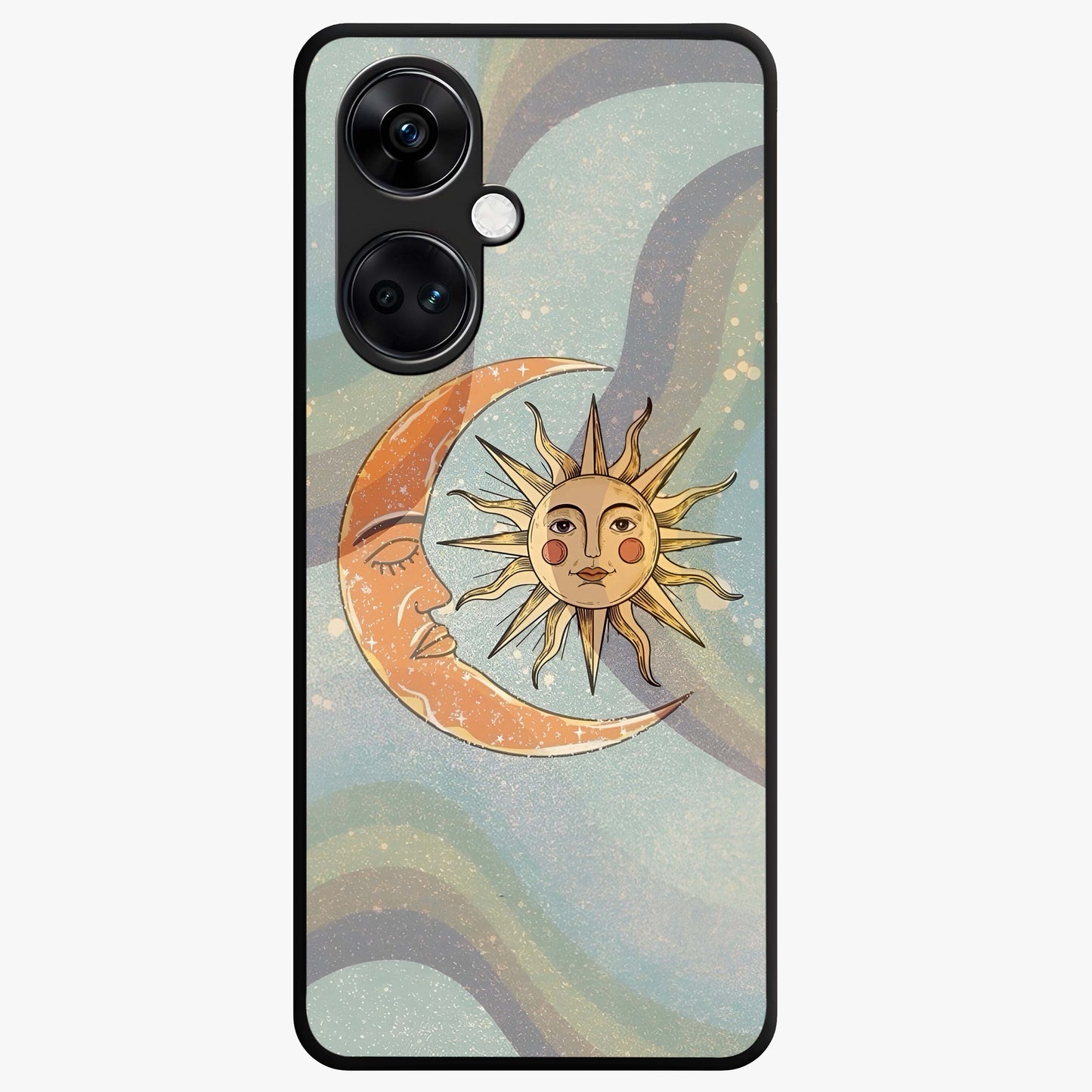 Celestial Harmony Vibes Glass Case for 1+Nord CE 3 serene front view featuring balanced cosmic artwork with calming tones