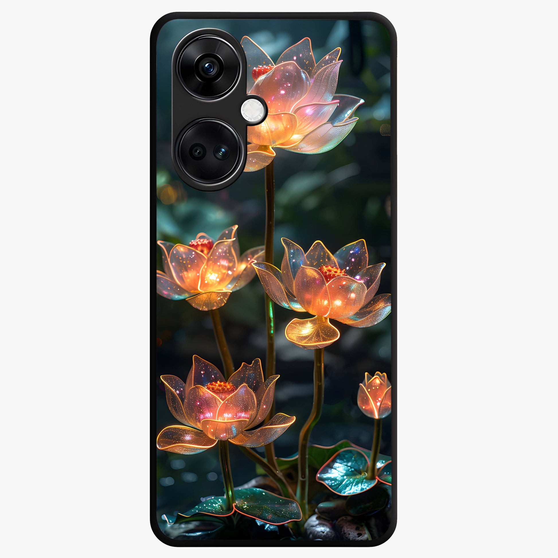 Celestial Lotus Light Glass Case for 1+Nord CE 3 peaceful front view featuring glowing lotus artwork with cosmic backdrop