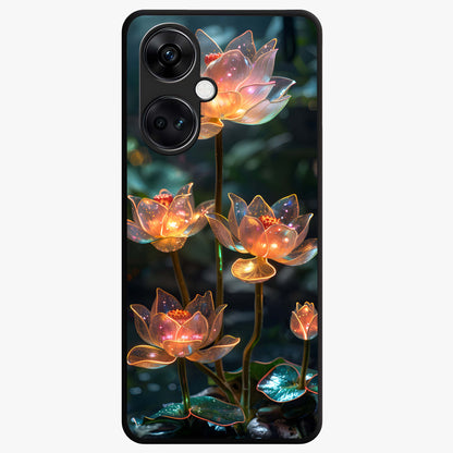 Celestial Lotus Light Glass Case for 1+Nord CE 3 peaceful front view featuring glowing lotus artwork with cosmic backdrop