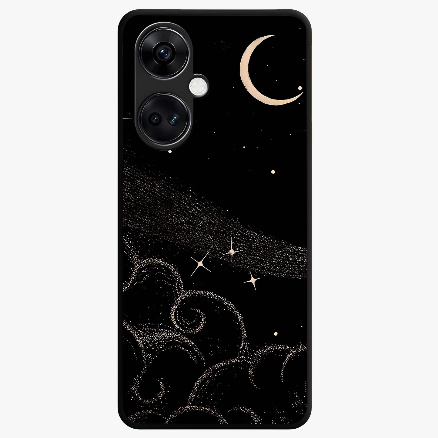 Celestial Midnight Veil Glass Case for 1+Nord CE 3 dramatic front view featuring deep midnight sky artwork