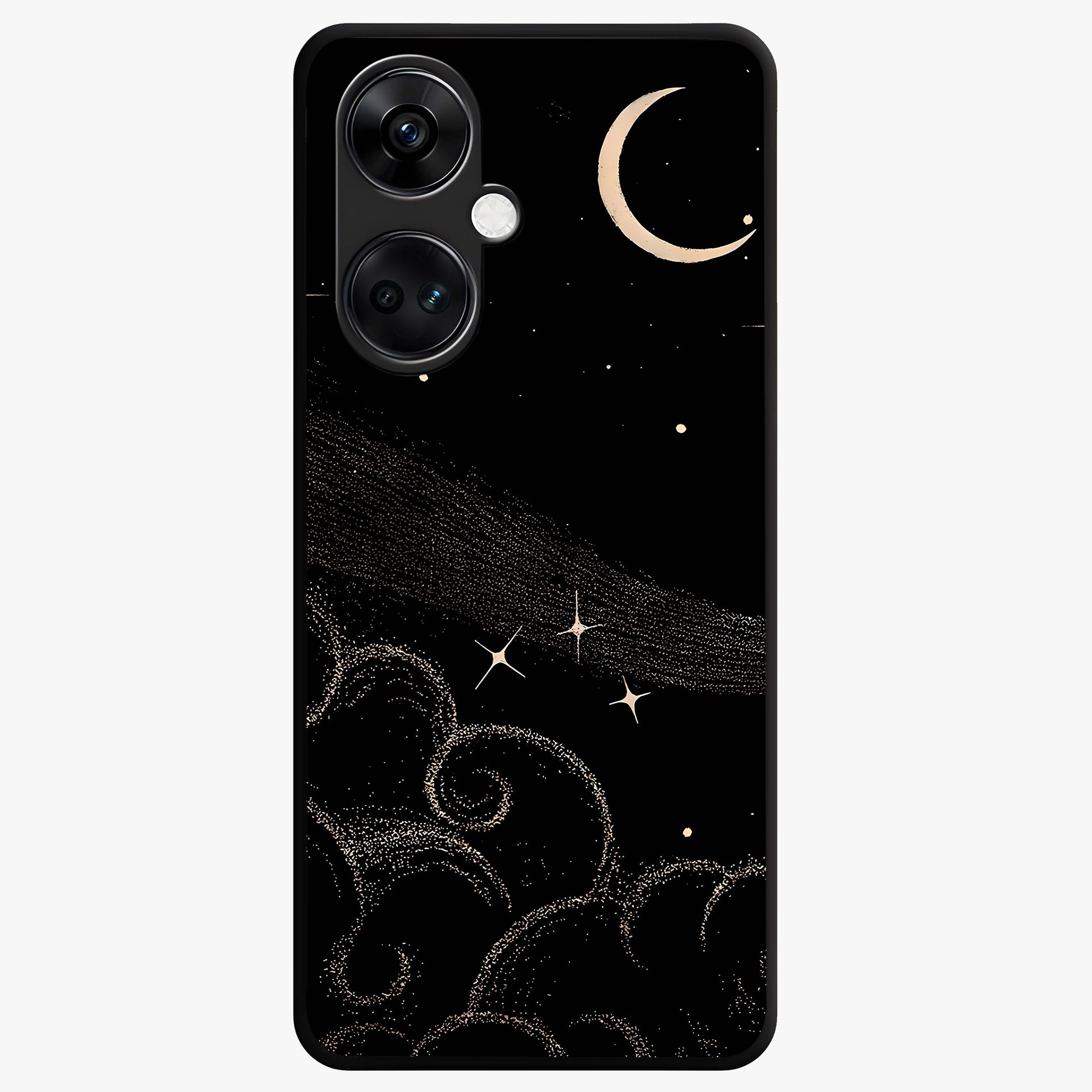 Celestial Midnight Veil Glass Case for 1+Nord CE 3 dramatic front view featuring deep midnight sky artwork