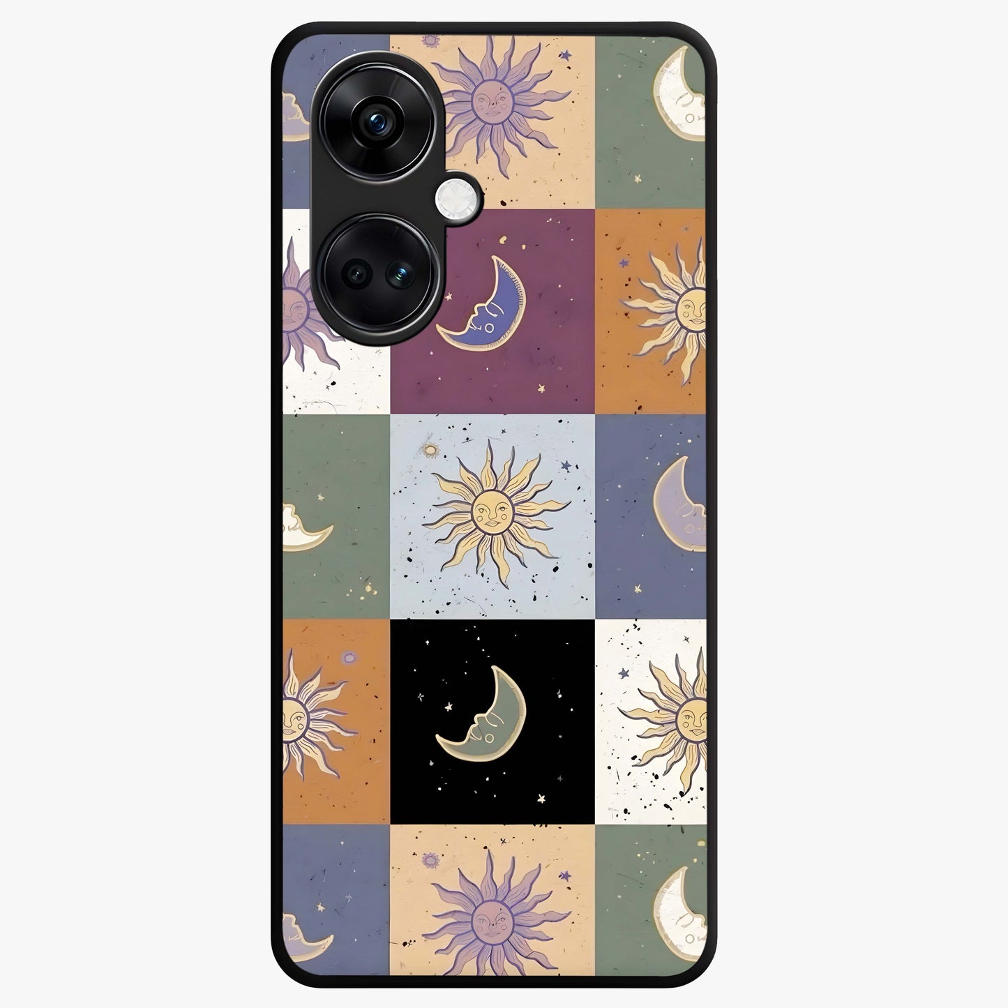 Celestial Patchwork Dreams Glass Case for 1+Nord CE 3 dreamy front view featuring patchwork style cosmic artwork