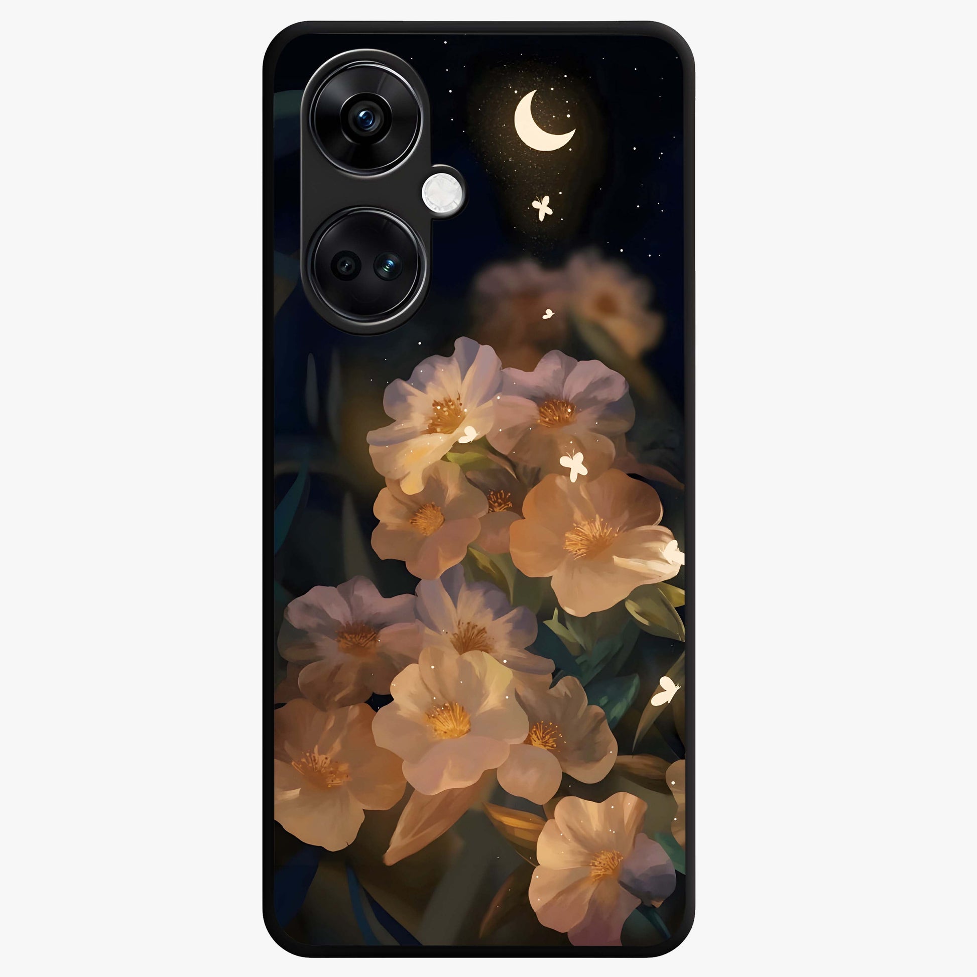 Celestial Petal Night Glass Case for 1+Nord CE 3 elegant front view featuring floral petals against dark night sky tones