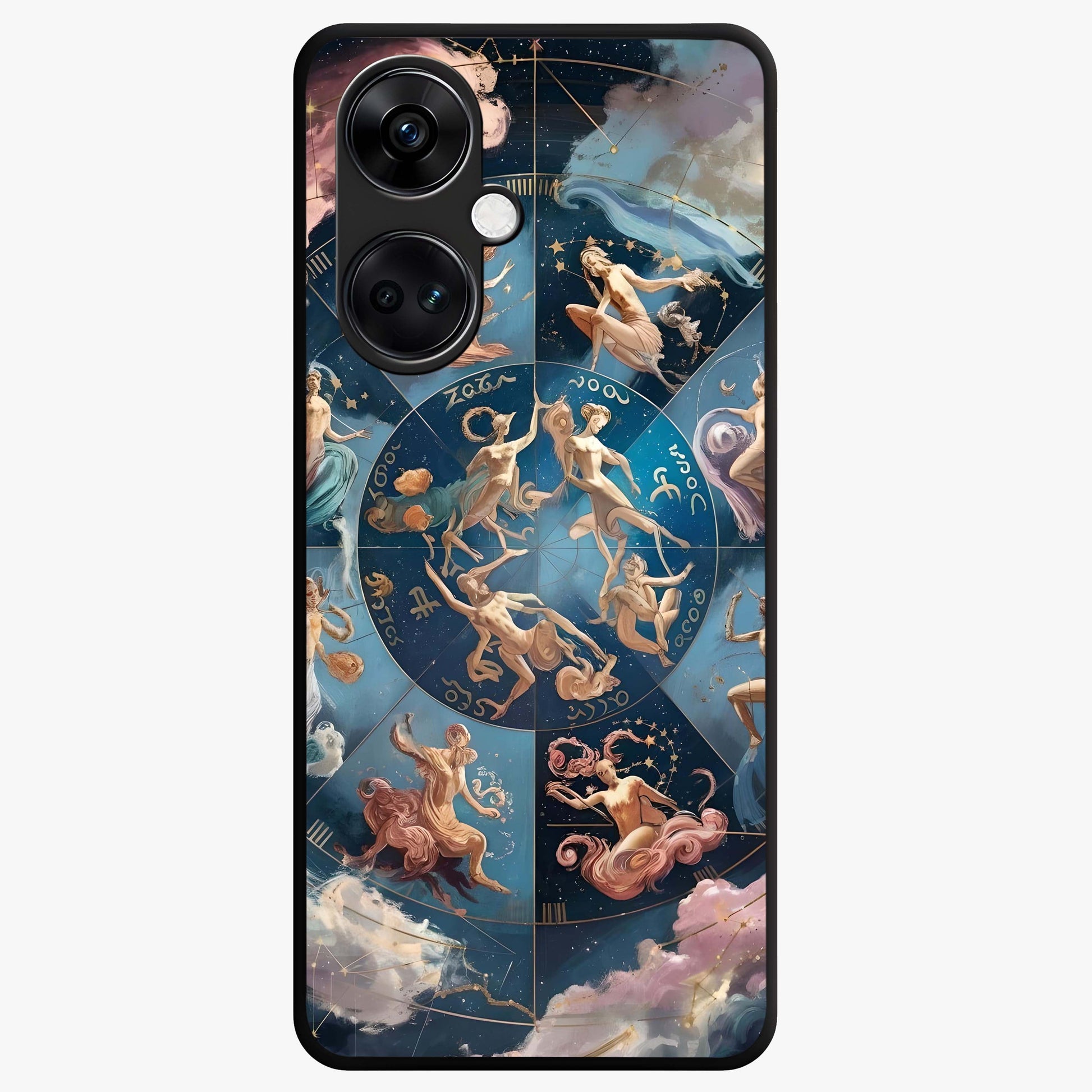 Celestial Signs Dance Glass Case for 1+Nord CE 3 artistic front view featuring zodiac inspired celestial symbol artwork
