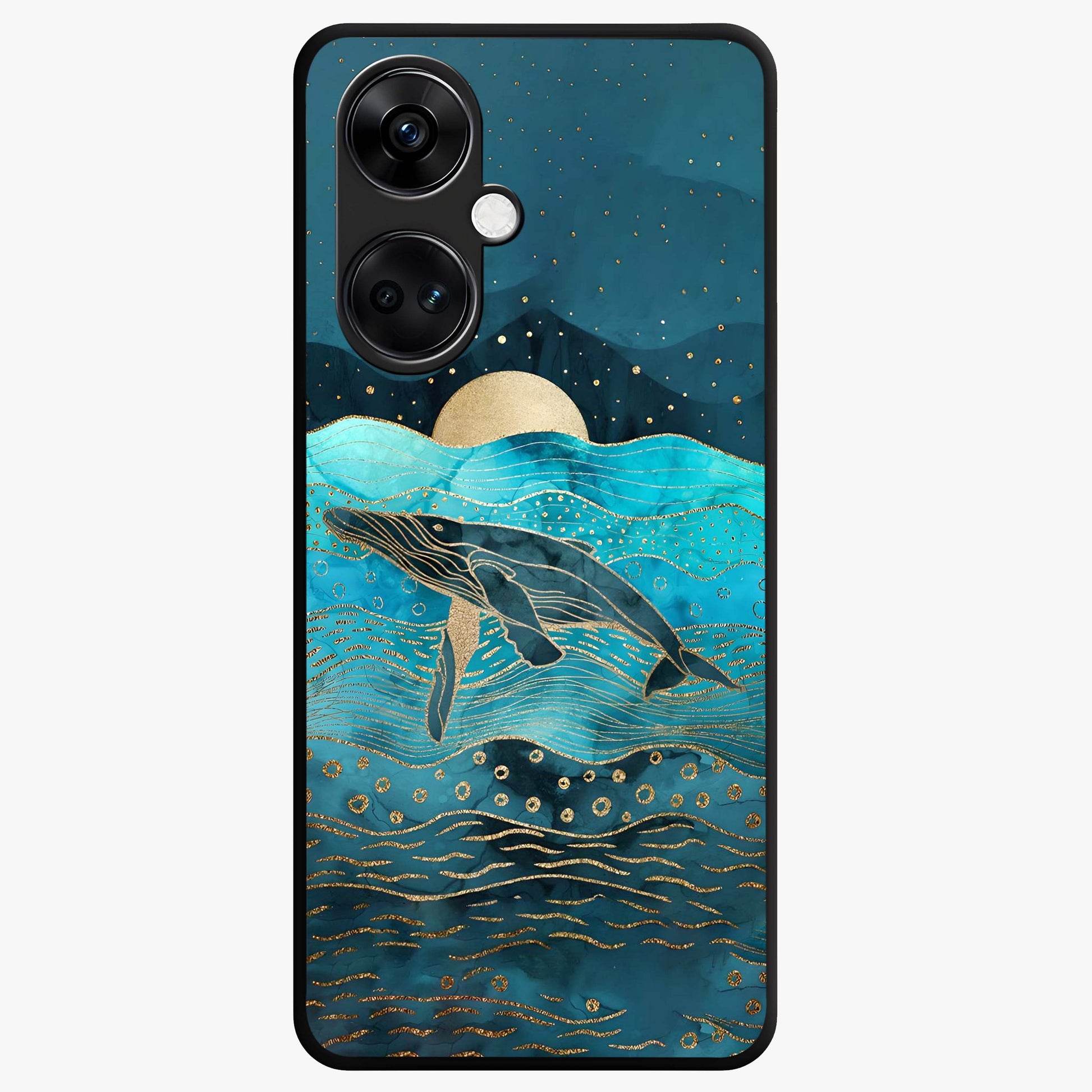 Celestial Whale Voyage Glass Case for 1+Nord CE 3 dreamy front view featuring whale artwork against cosmic sky backdrop