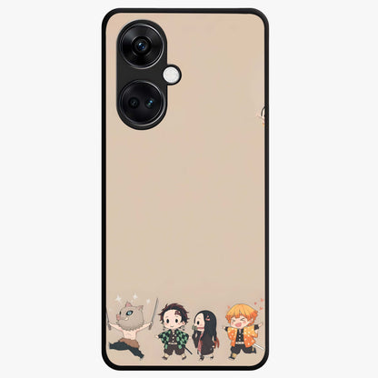 Chibi Demon Squad Glass Case for 1+Nord CE 3 playful front view featuring chibi style character artwork