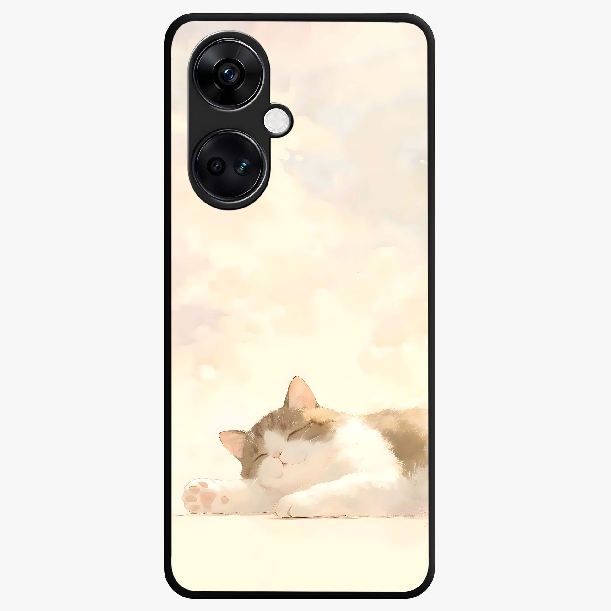 Cloud Nap Cat Glass Case for 1+Nord CE 3 adorable front view featuring cute sleeping cat artwork on soft cloud background