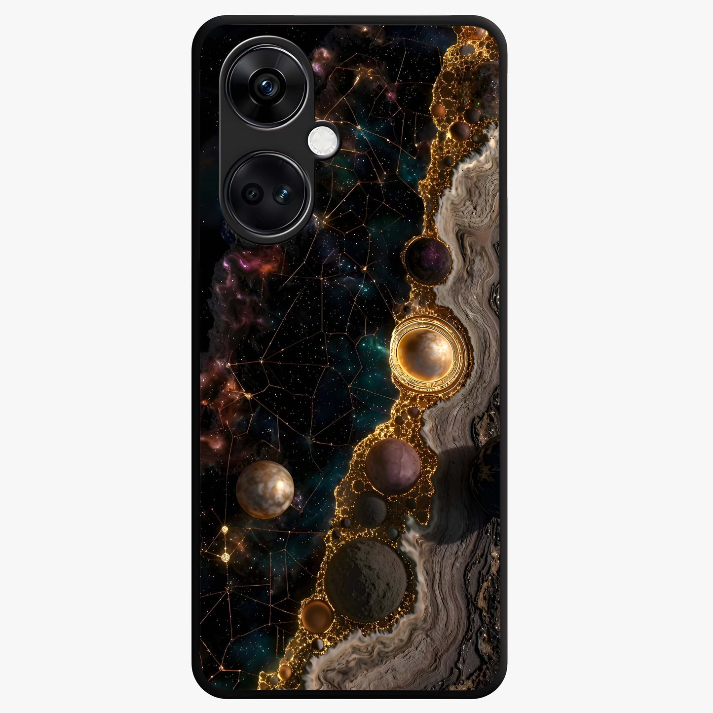 Cosmic Gold Path Glass Case for 1+Nord CE 3 luxurious front view featuring golden pathway artwork against cosmic backdrop