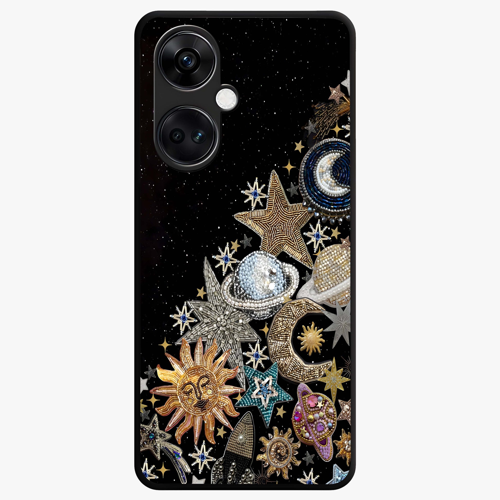 Cosmic Sparkle Dreams Glass Case for 1+Nord Ce 3 magical front view featuring sparkling star artwork with dreamy gradients