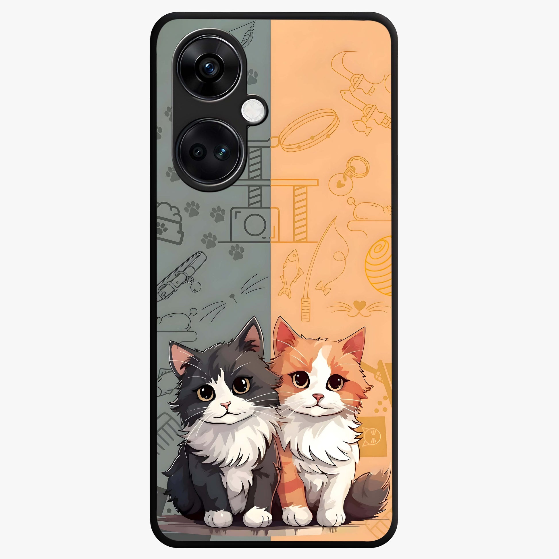 Cozy Cat Duo Glass Case for 1+Nord CE 3 adorable front view featuring two cats in warm aesthetic artwork