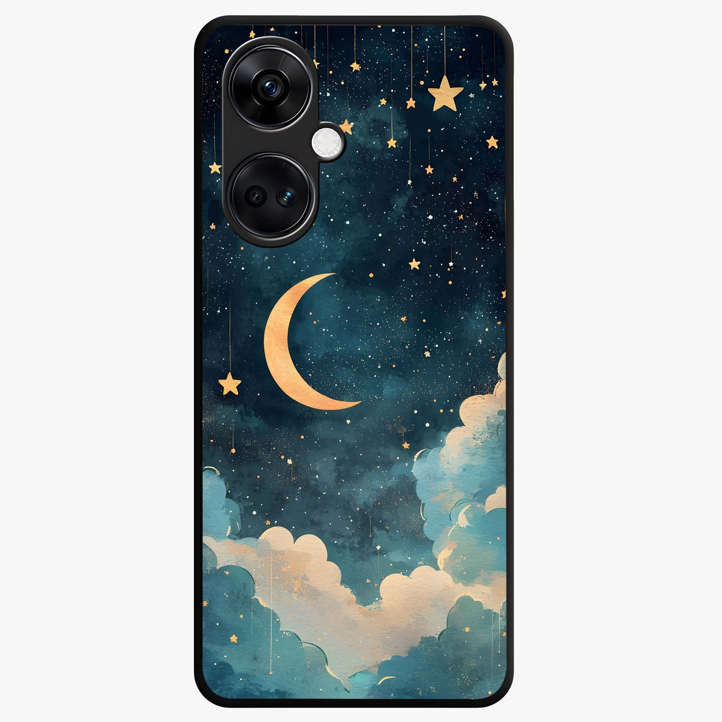 Crescent Galaxy Moon Glass Case for 1+Nord CE 3 mystical front view featuring crescent moon artwork with cosmic background