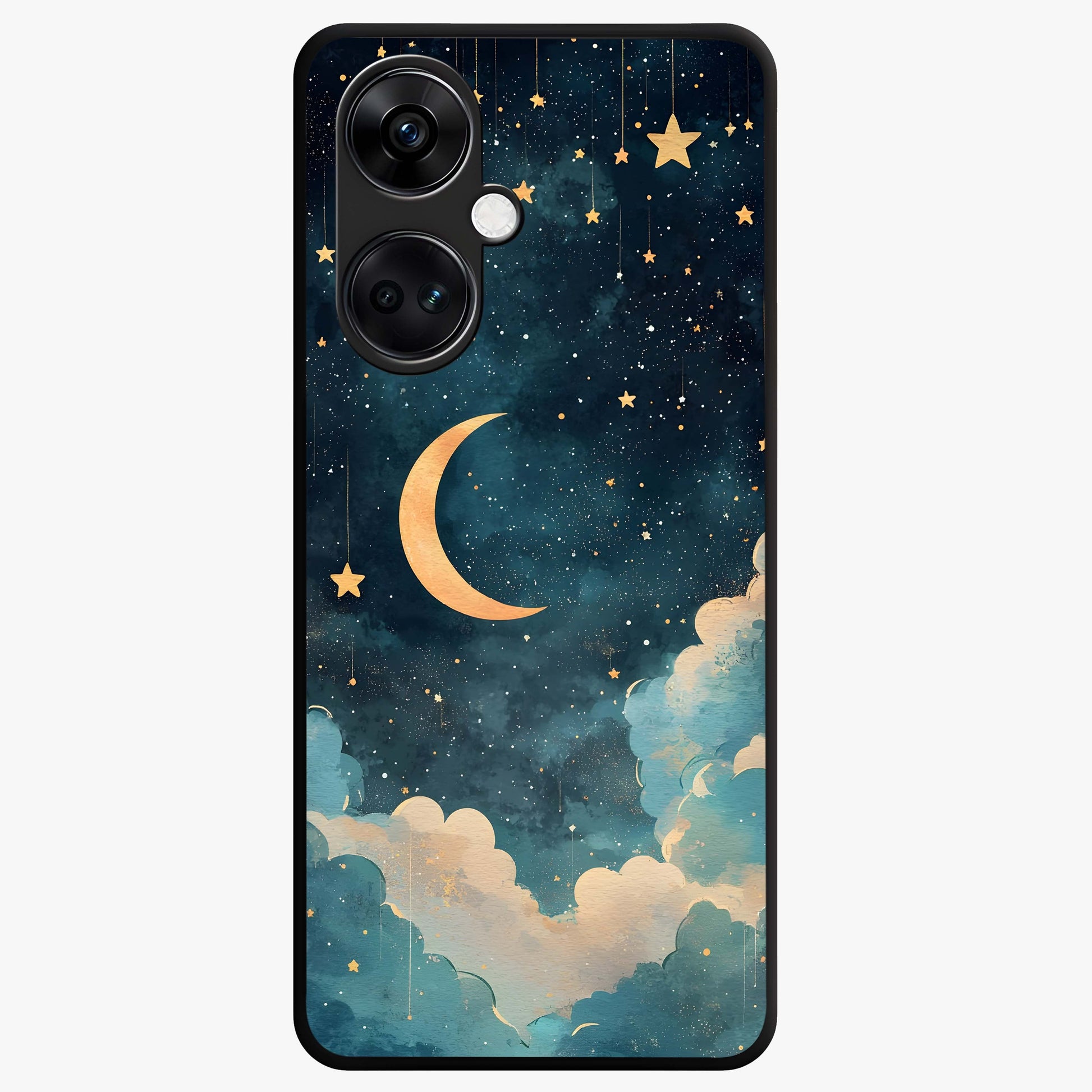 Crescent Galaxy Moon Glass Case for 1+Nord CE 3 mystical front view featuring crescent moon artwork with cosmic background