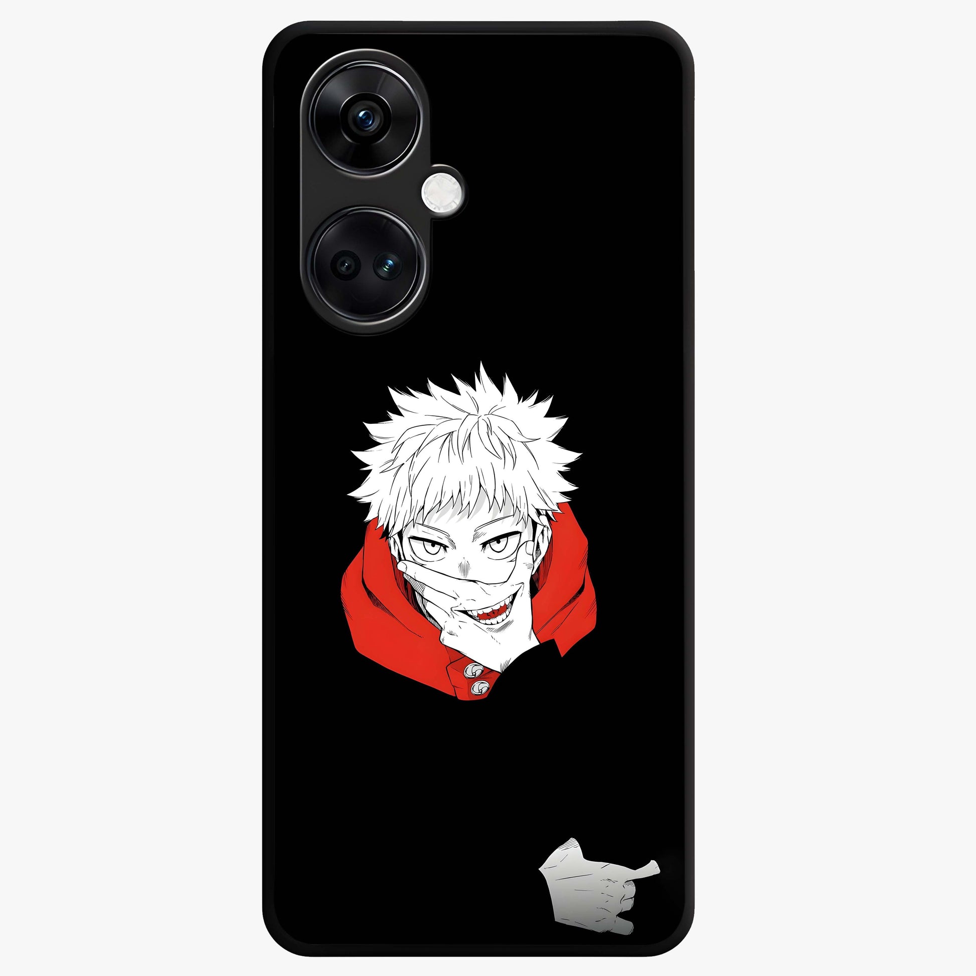 Crimson Chaos Smile Glass Case for 1+Nord CE 3 bold front view featuring edgy smile artwork in deep crimson tones
