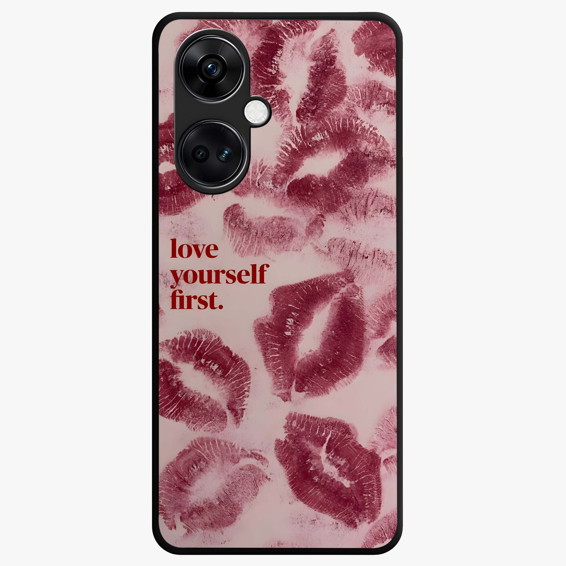 Crimson Kiss Love Glass Case for 1+Nord Ce 3 romantic front view featuring bold crimson love inspired artwork