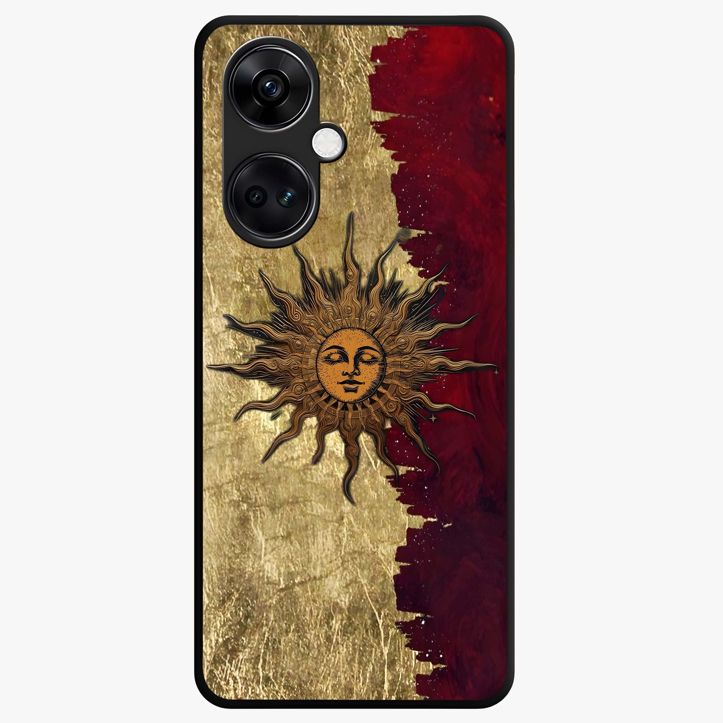 Crimson Sun Majesty Glass Case for 1+Nord CE 3 radiant front view featuring glowing sun artwork in deep red hues