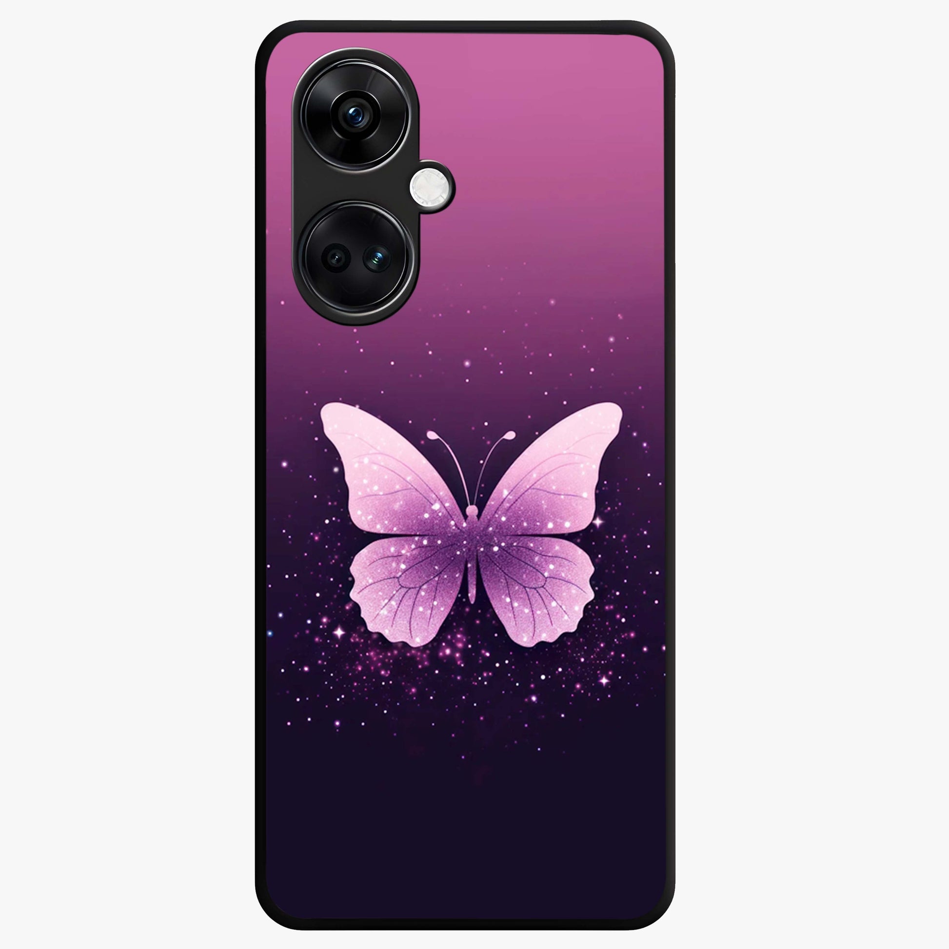 Cute Starry Butterfly Glass Case for 1+Nord CE 3 dreamy front view featuring butterfly artwork with sparkling star accents