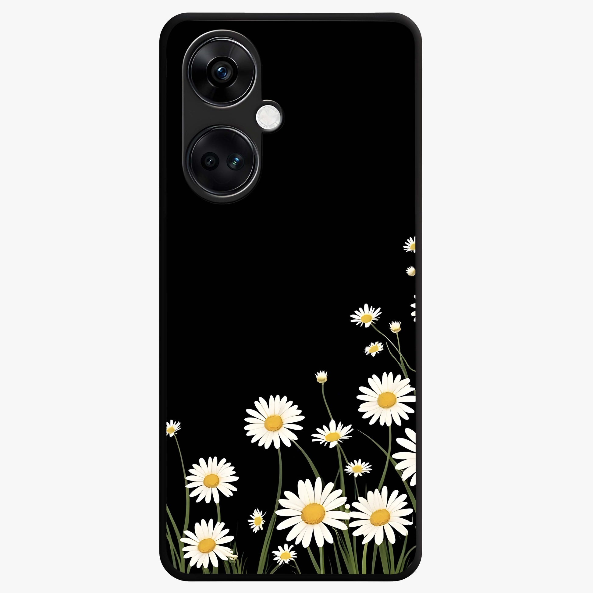 Daisy Cascade on Black Glass Case for 1+Nord CE 3 elegant front view featuring white daisy artwork on deep black background