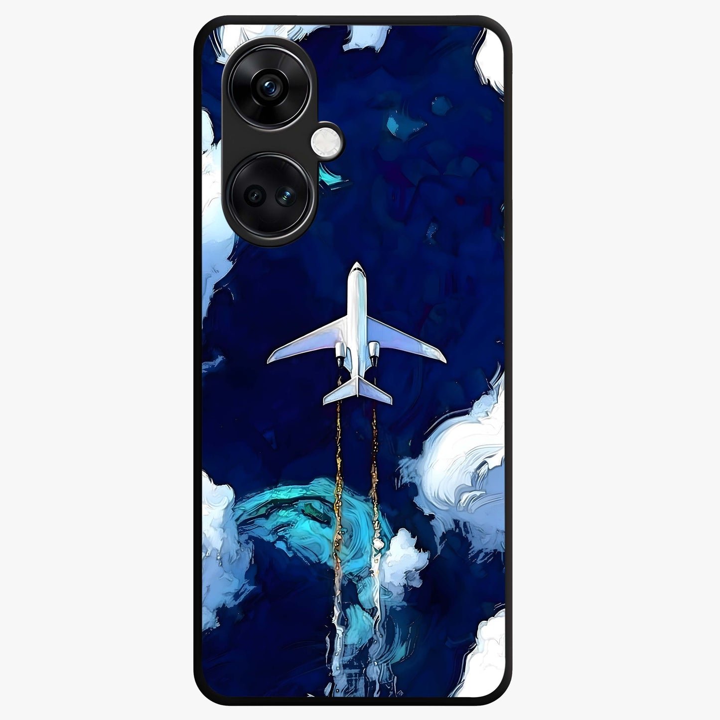Dark Airplane Glass Case for 1+Nord CE 3 bold front view featuring airplane silhouette artwork on dark background