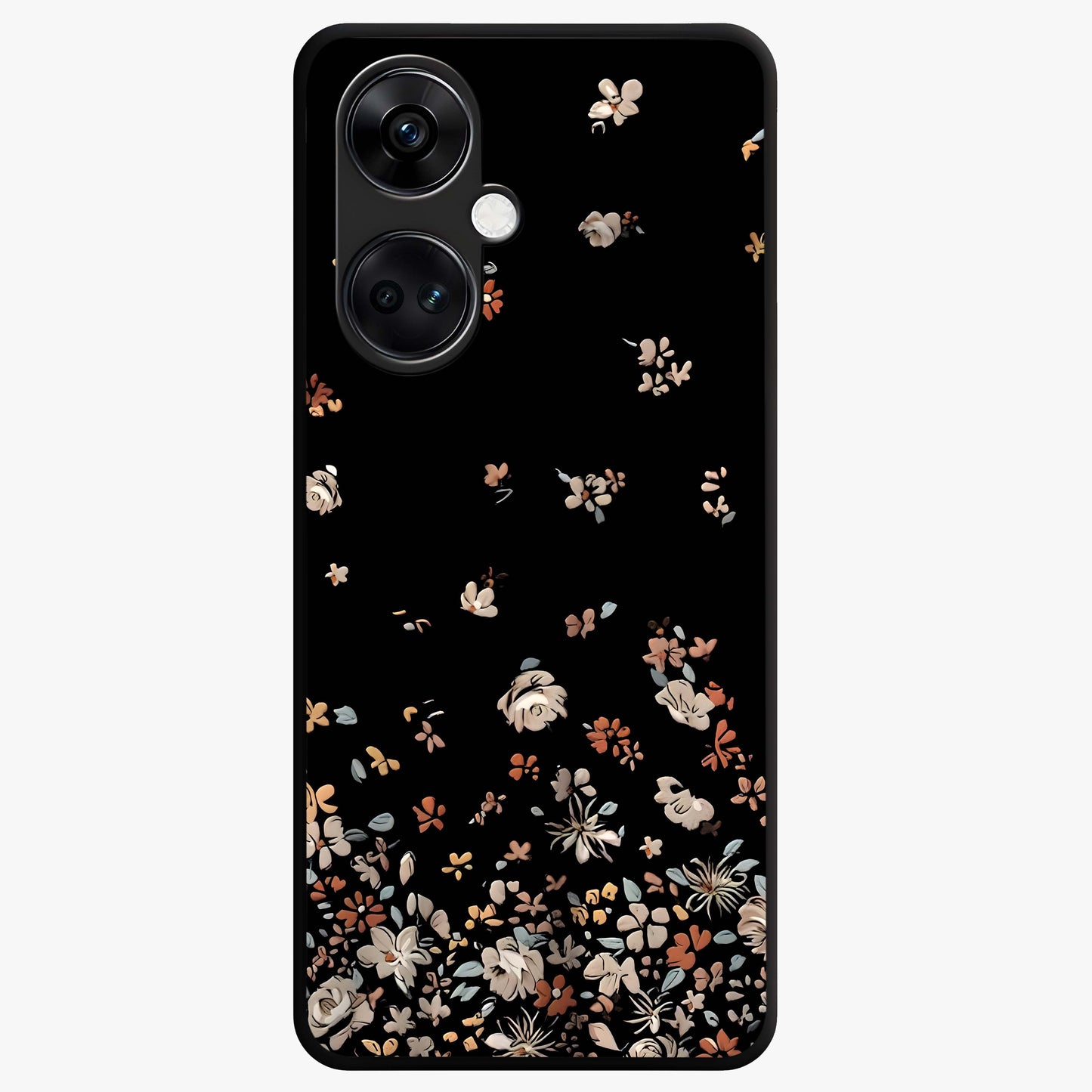Dark Petal Aesthetic Glass Case for 1+Nord Ce 3 elegant front view featuring moody floral artwork with deep tones