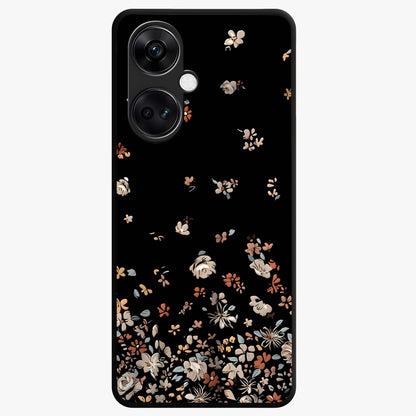 Dark Petal Aesthetic Glass Case for 1+Nord Ce 3 elegant front view featuring moody floral artwork with deep tones