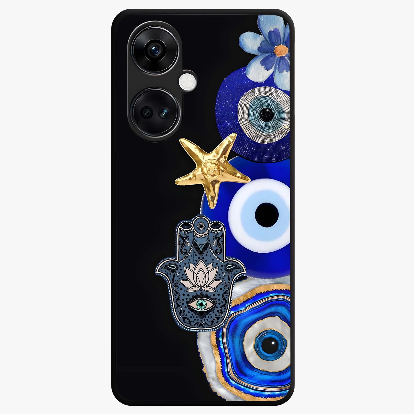 Divine Eye Bloom Glass Case for 1+Nord CE 3 artistic front view featuring floral evil eye inspired artwork
