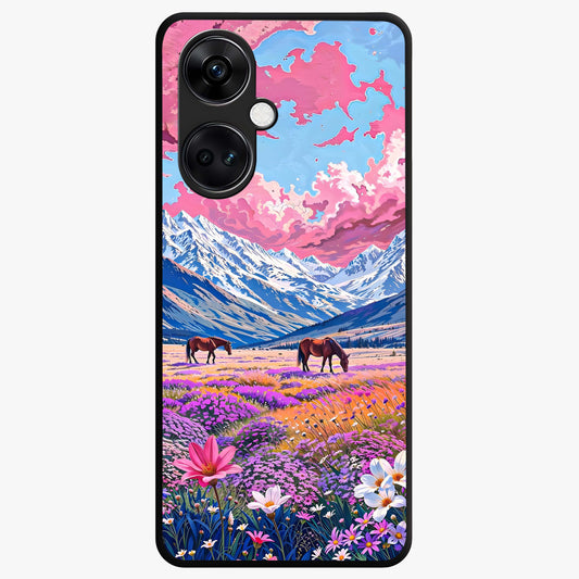 Dreamy Floral Pastures Glass Case for 1+Nord Ce 3 soft front view featuring pastel floral meadow artwork