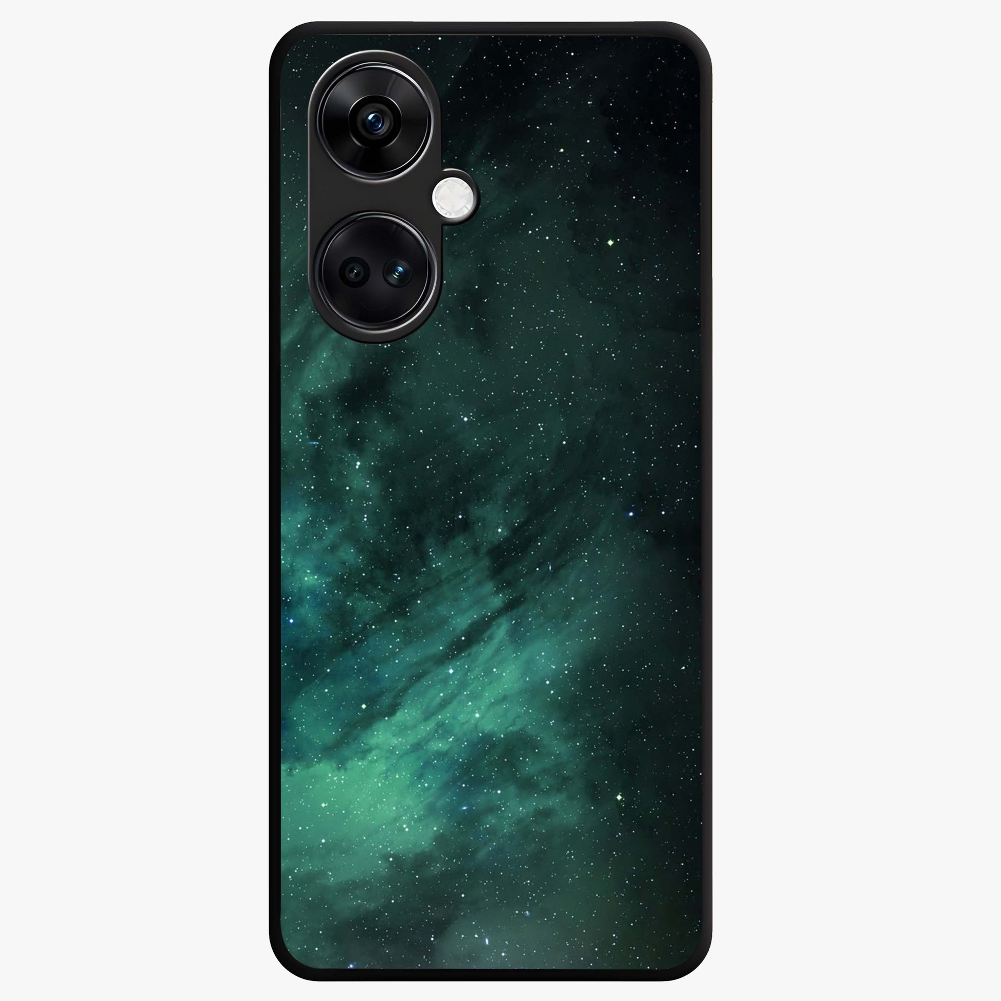 Emerald Green Space Glass Case for 1+Nord CE 3 vibrant front view featuring deep green cosmic inspired artwork