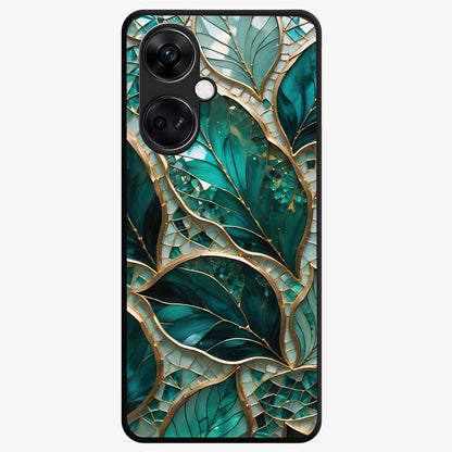 Emerald Leaf Glass Case for 1+Nord CE 3 minimalist front view featuring elegant green leaf artwork