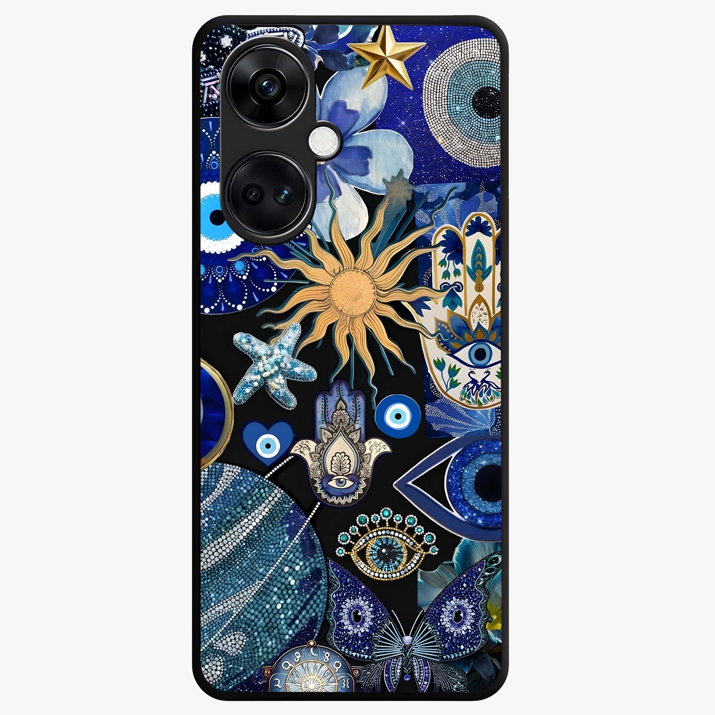 Evil Eye Charm Mix Glass Case for 1+Nord Ce 3 vibrant front view featuring multiple evil eye charm artwork