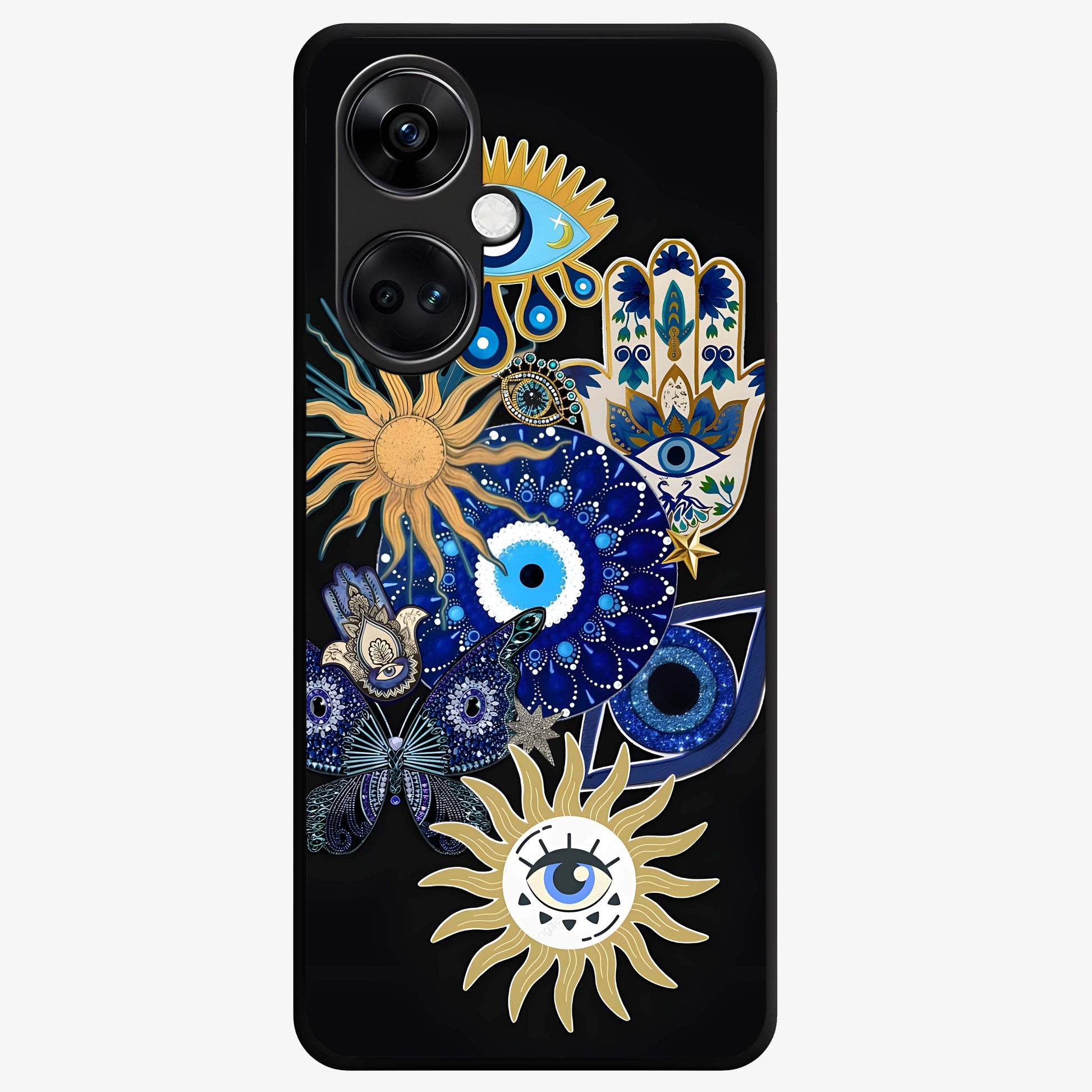 Evil Eye Charm Vibes Glass Case for 1+Nord Ce 3 stylish front view featuring aesthetic evil eye inspired artwork