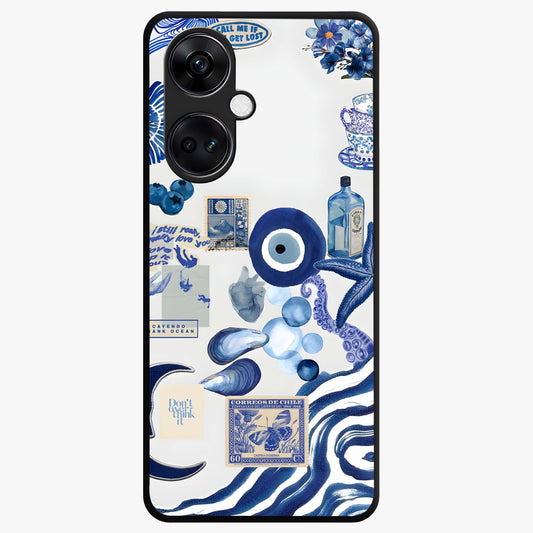Evil Eyes Dark Blue Glass Case for 1+Nord Ce 3 striking front view featuring deep blue evil eye artwork