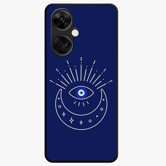 Evil Eye With Blue Themed Collage Glass Case for 1+Nord Ce 3 artistic front view featuring blue collage style evil eye artwork