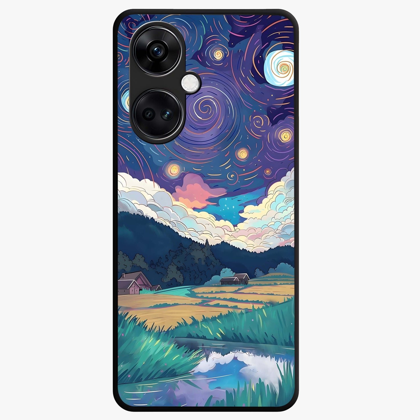 Fields Beneath the Cosmos Glass Case for 1+Nord CE 3 dreamy front view featuring meadow landscape under cosmic sky