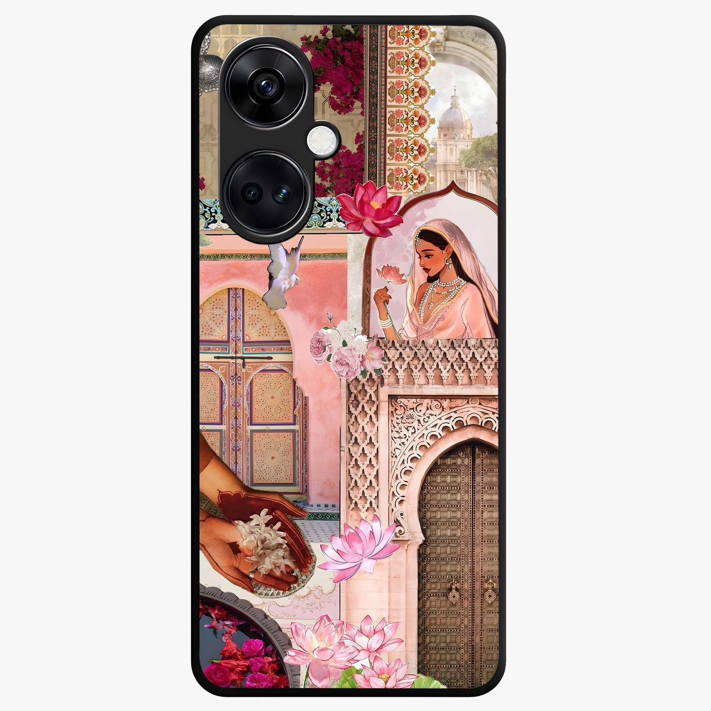 Floral Courtyard Muse Glass Case for 1+Nord Ce 3 elegant front view featuring artistic courtyard floral artwork