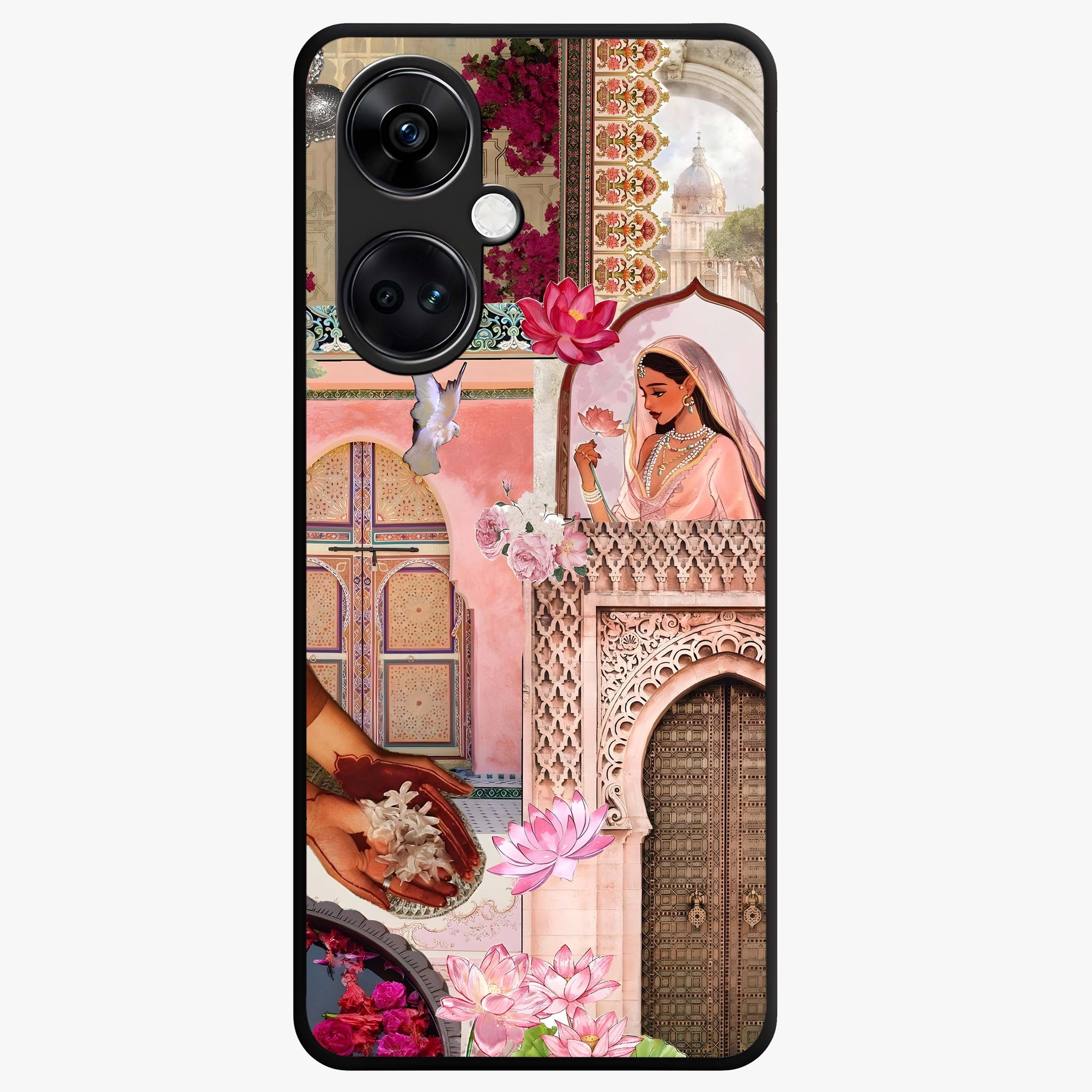 Floral Courtyard Muse Glass Case for 1+Nord Ce 3 elegant front view featuring artistic courtyard floral artwork