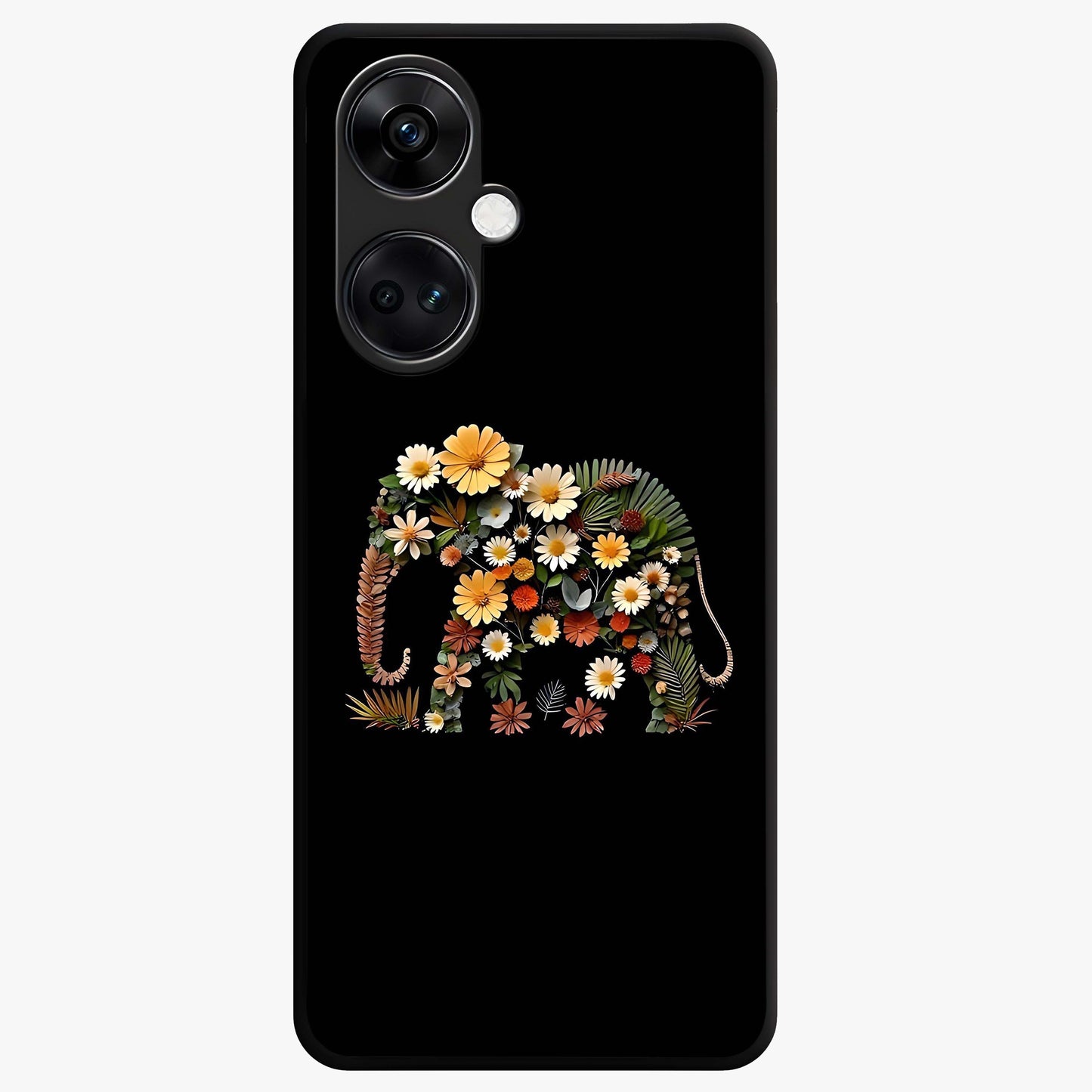Floral Elephant Glass Case for 1+Nord CE 3 artistic front view featuring elephant illustration with floral detailing