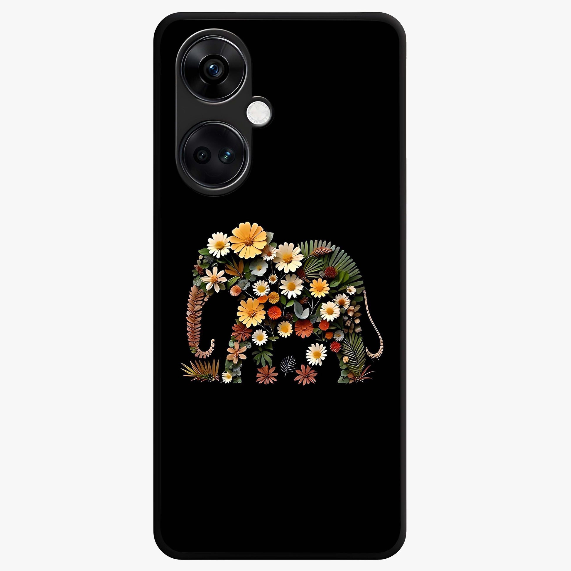 Floral Elephant Glass Case for 1+Nord CE 3 artistic front view featuring elephant illustration with floral detailing