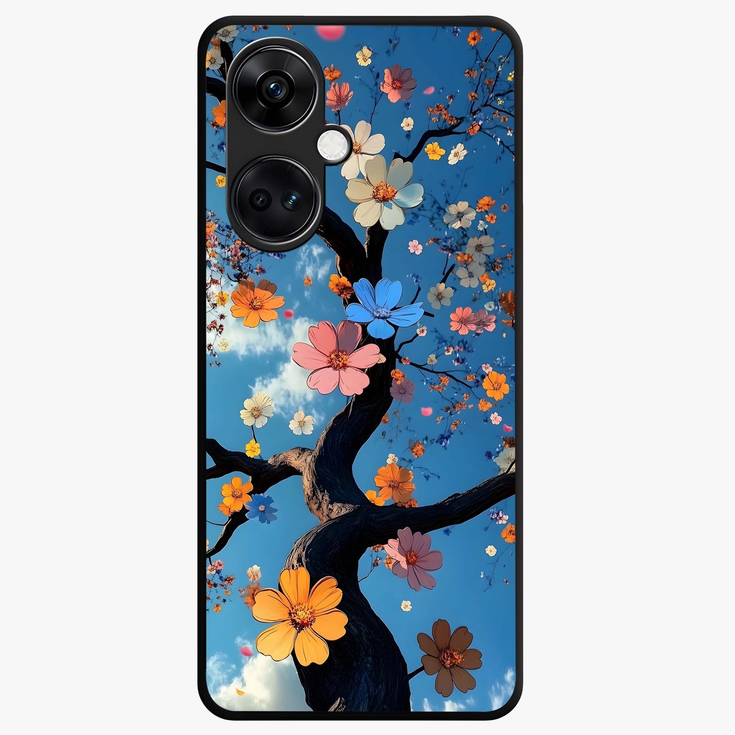 Floral Tree Glass Case for 1+Nord CE 3 elegant front view featuring blooming tree artwork