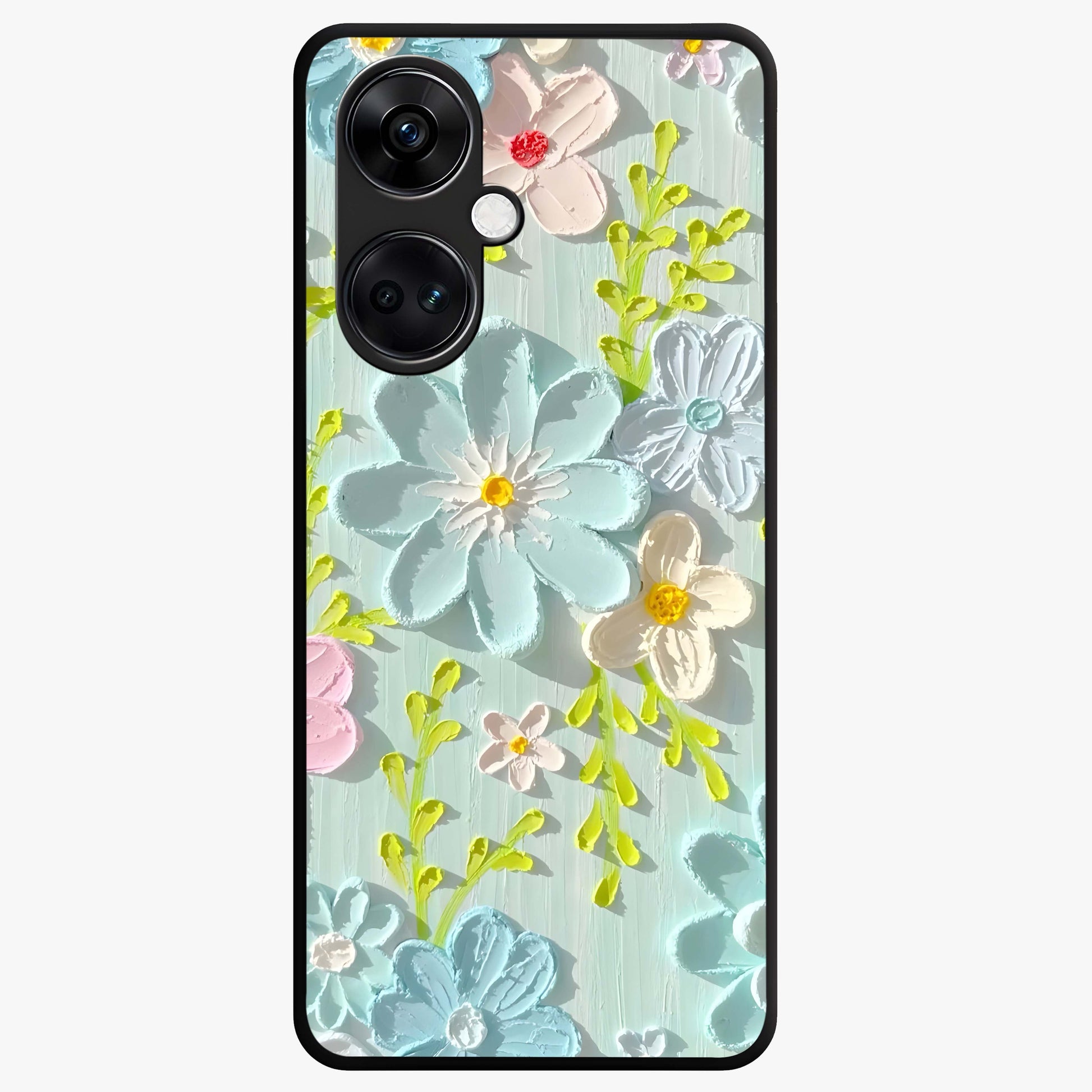 Frosted Petal Garden Glass Case for 1+Nord Ce 3 soft front view featuring delicate floral artwork with frosted aesthetic tones